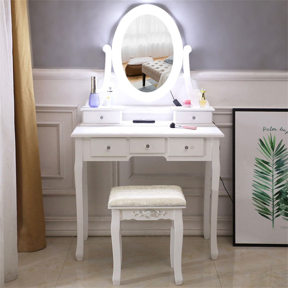 Hommoo Vanity Table Set, Vanity Table and Chair Set with Light Bulb, Make Up Vanity Desk with 5 Drawer, White Image 2