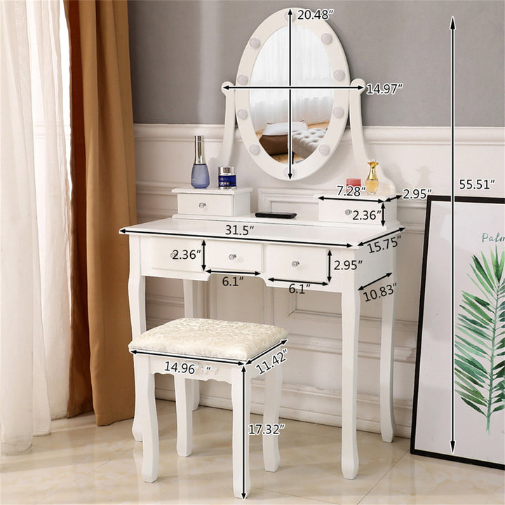 Hommoo Vanity Table Set, Vanity Table and Chair Set with Light Bulb, Make Up Vanity Desk with 5 Drawer, White Image 3