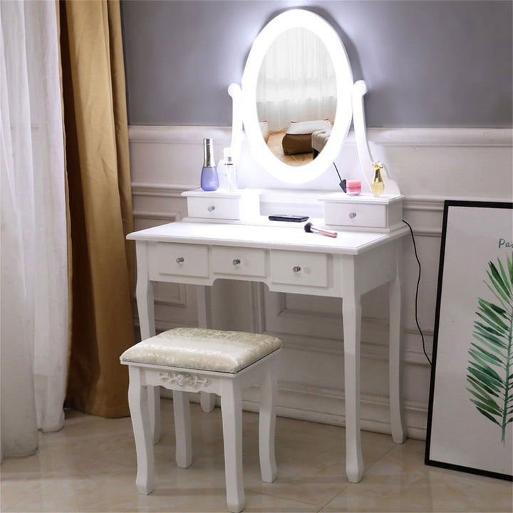 Hommoo Vanity Table Set, Vanity Table and Chair Set with Light Bulb, Make Up Vanity Desk with 5 Drawer, White Image 5