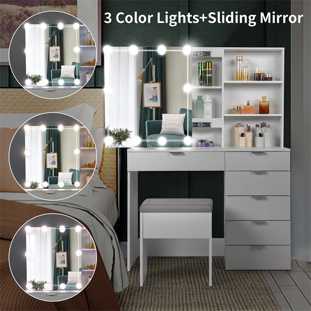 Hommoo Modern Lighted Makeup Vanity Table Set, Desk Makeup Dressing Table with Tri-color Dimmable Bulbs, Vanity Desk for Image 2