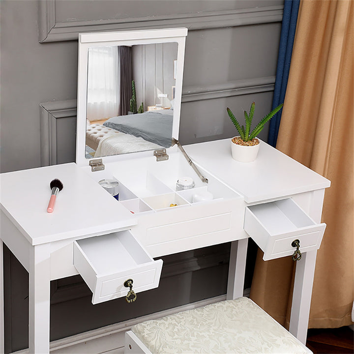 Hommoo Vanity Table and Chair Set, Vanity Set with Mirror and Stool, White Image 5