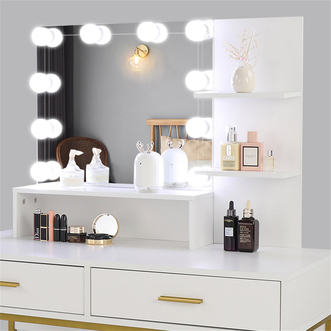 Hommoo Makeup Dressing Table with 10 LED Bulbs, Makeup Table with Mirror and Lights for Women, Girls, Bedroom, White Image 6