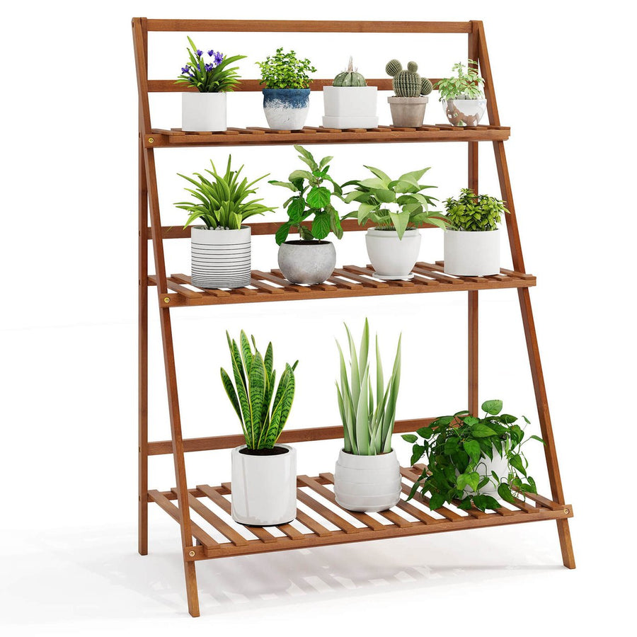 3 Tier Folding Shelf Stand Bamboo Flower Pot Display Rack Bookcase Organizer Image 1