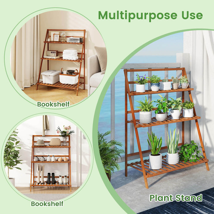 3 Tier Folding Shelf Stand Bamboo Flower Pot Display Rack Bookcase Organizer Image 9