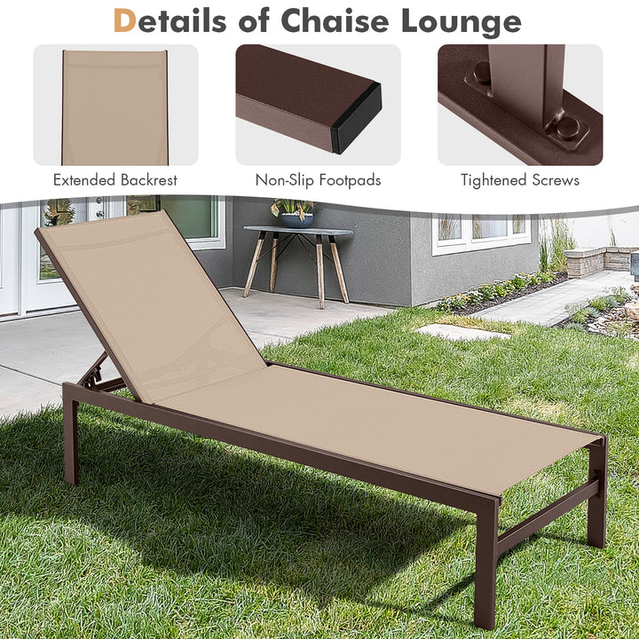 Aluminum Patio Chaise Lounge Outdoor Adjustable Lounge Chair W/ 6-Position Backrest Image 4