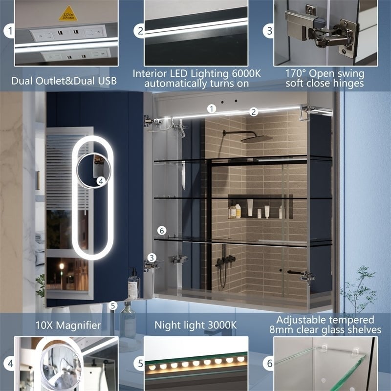 Illusion 30" x 36" LED Lighted Medicine Cabinet with Magnifiers Front and Back Light Image 10