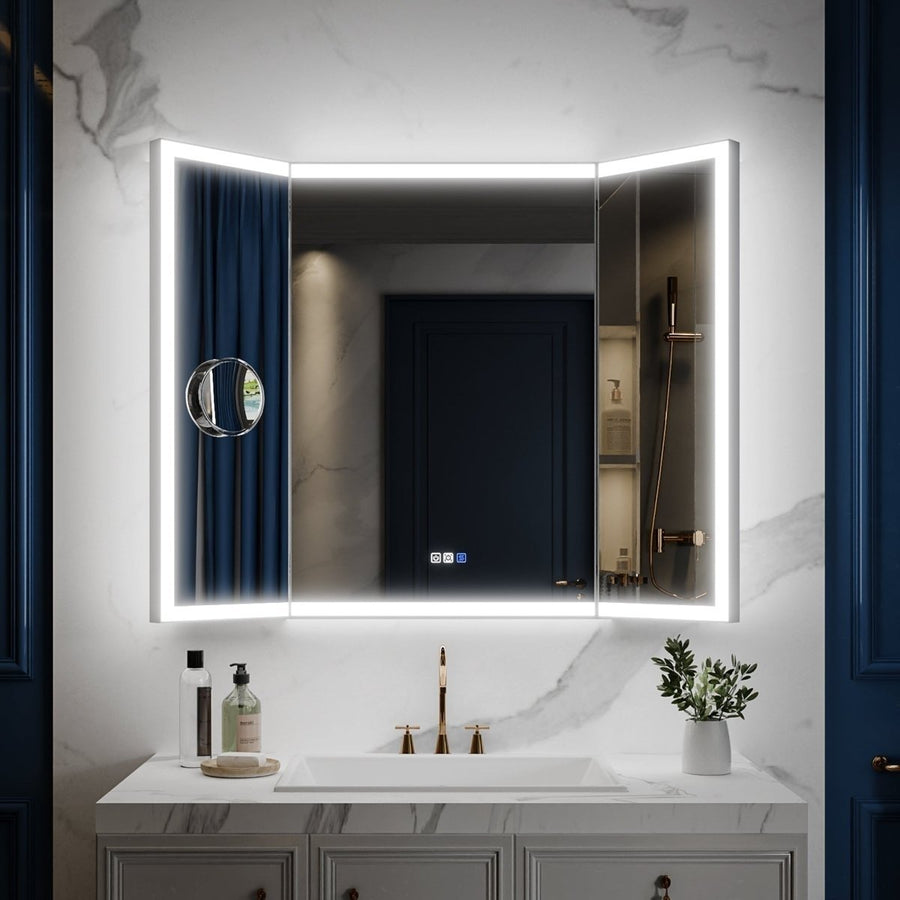 TriFold 48" W x 36" H LED Lighted Tri-Fold Bathroom Mirror, Front and Back Lighting, with Movable 10X Magnifying Mirror Image 1