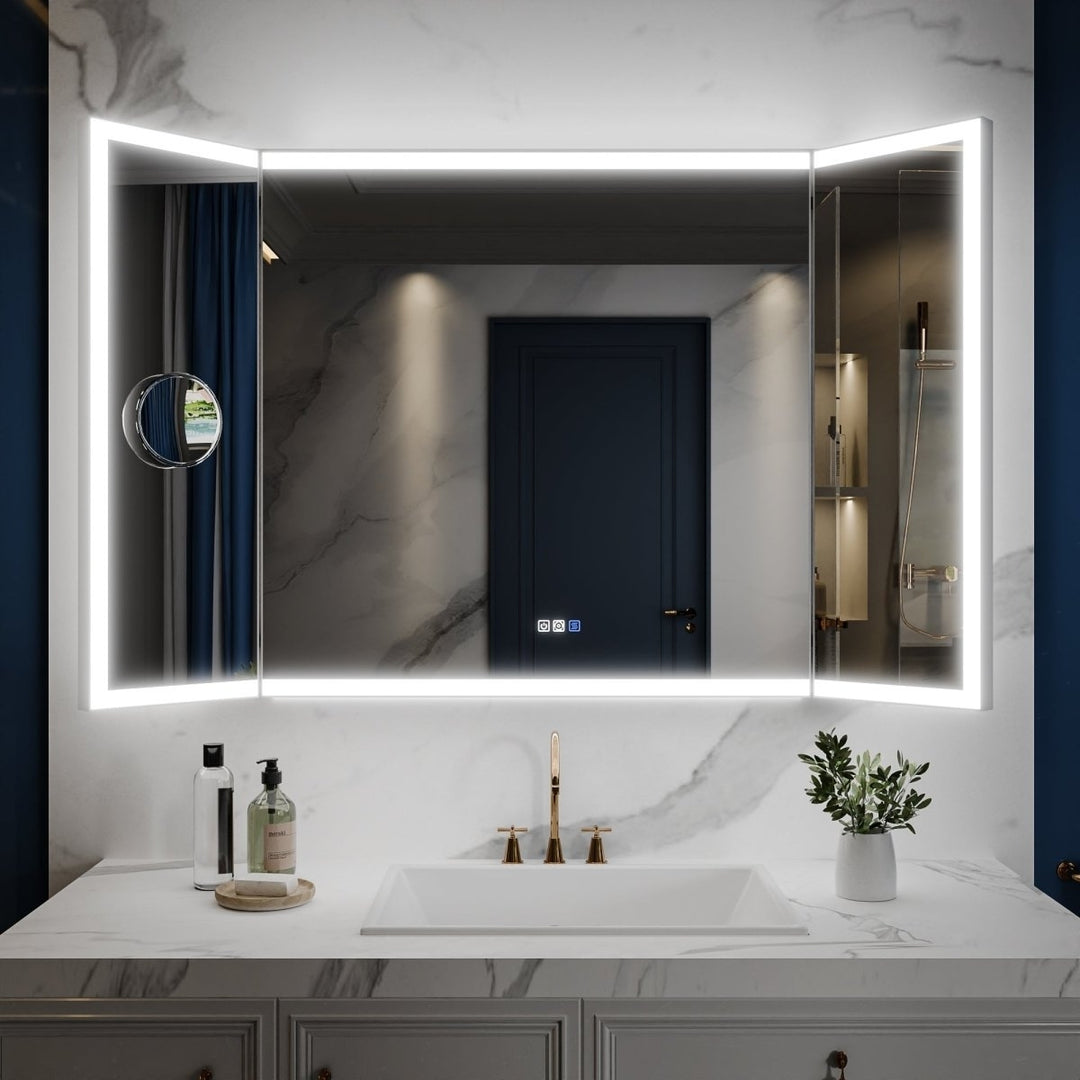 TriFold 60" W x 36" H LED Lighted Tri-Fold Bathroom Mirror, Front and Back Lighting, with Movable 10X Magnifying Mirror Image 1