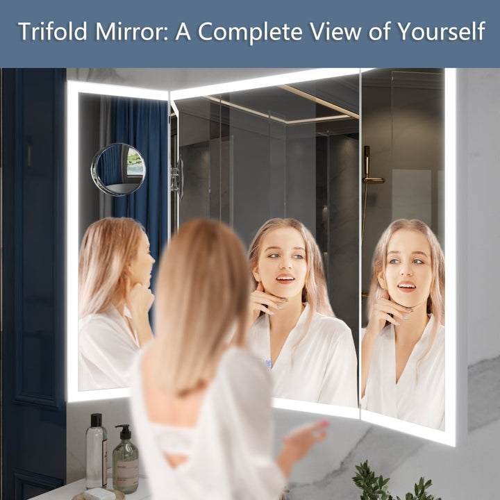 TriFold 48" W x 36" H LED Lighted Tri-Fold Bathroom Mirror, Front and Back Lighting, with Movable 10X Magnifying Mirror Image 9