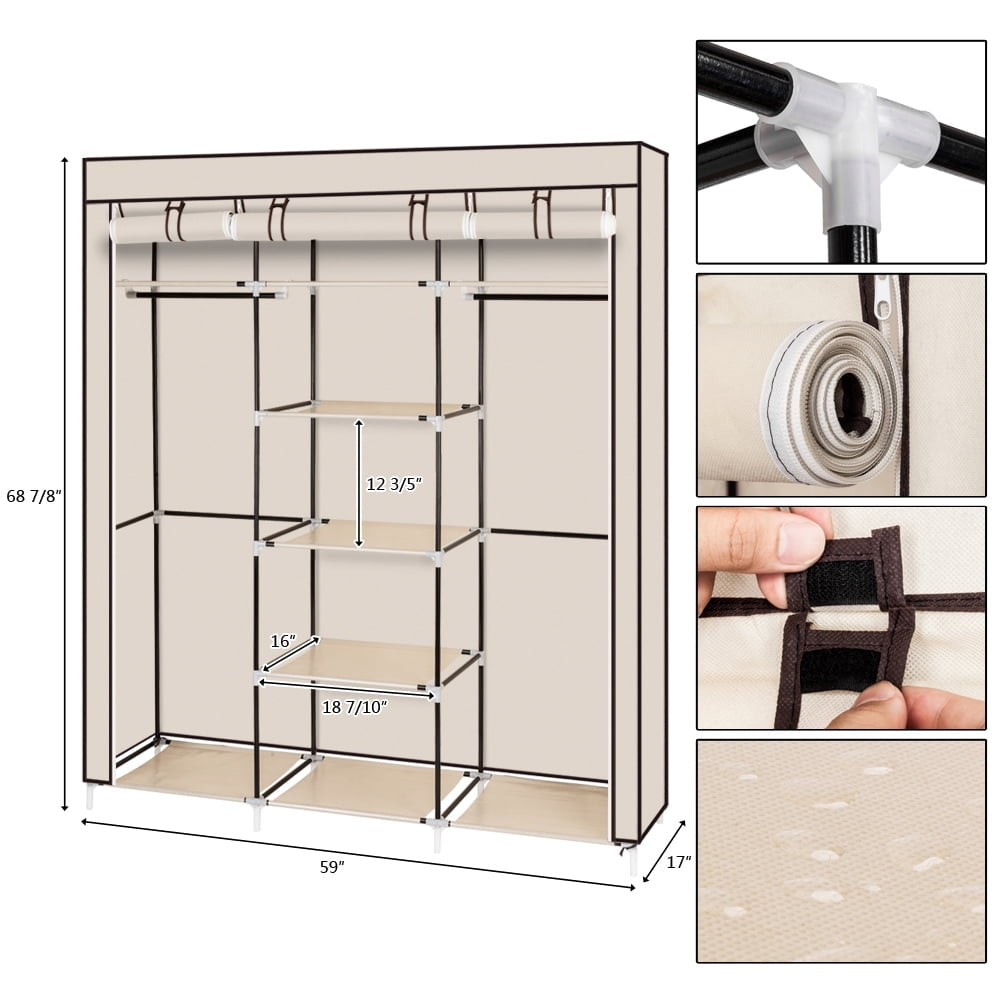 Hommoo 69" Portable Closet, Double Rod Storage Organizer Wardrobe, Beige Image 2