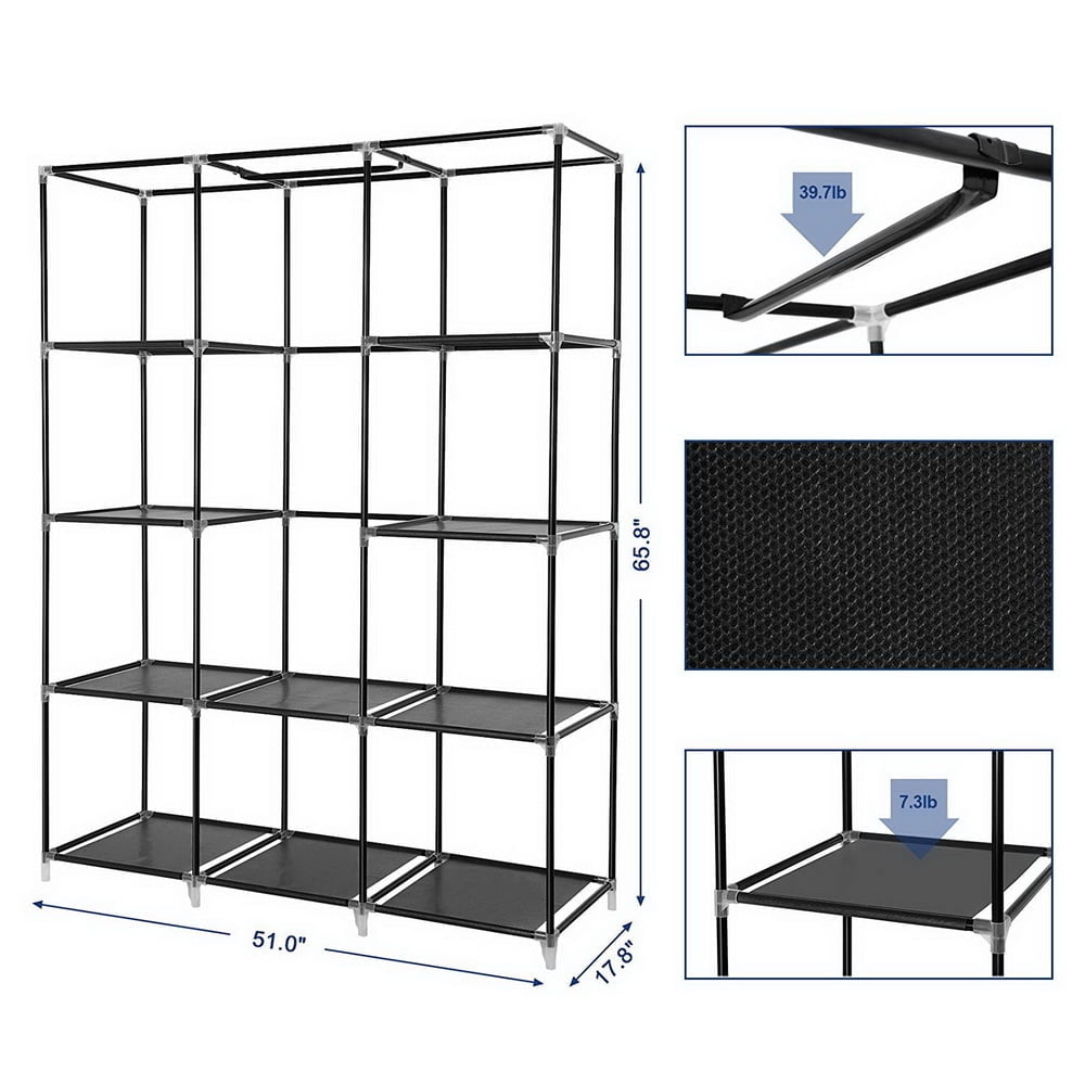 Hommoo 67" Portable Closet Organizer Wardrobe Clothes Rack with Shelve - Black Image 5