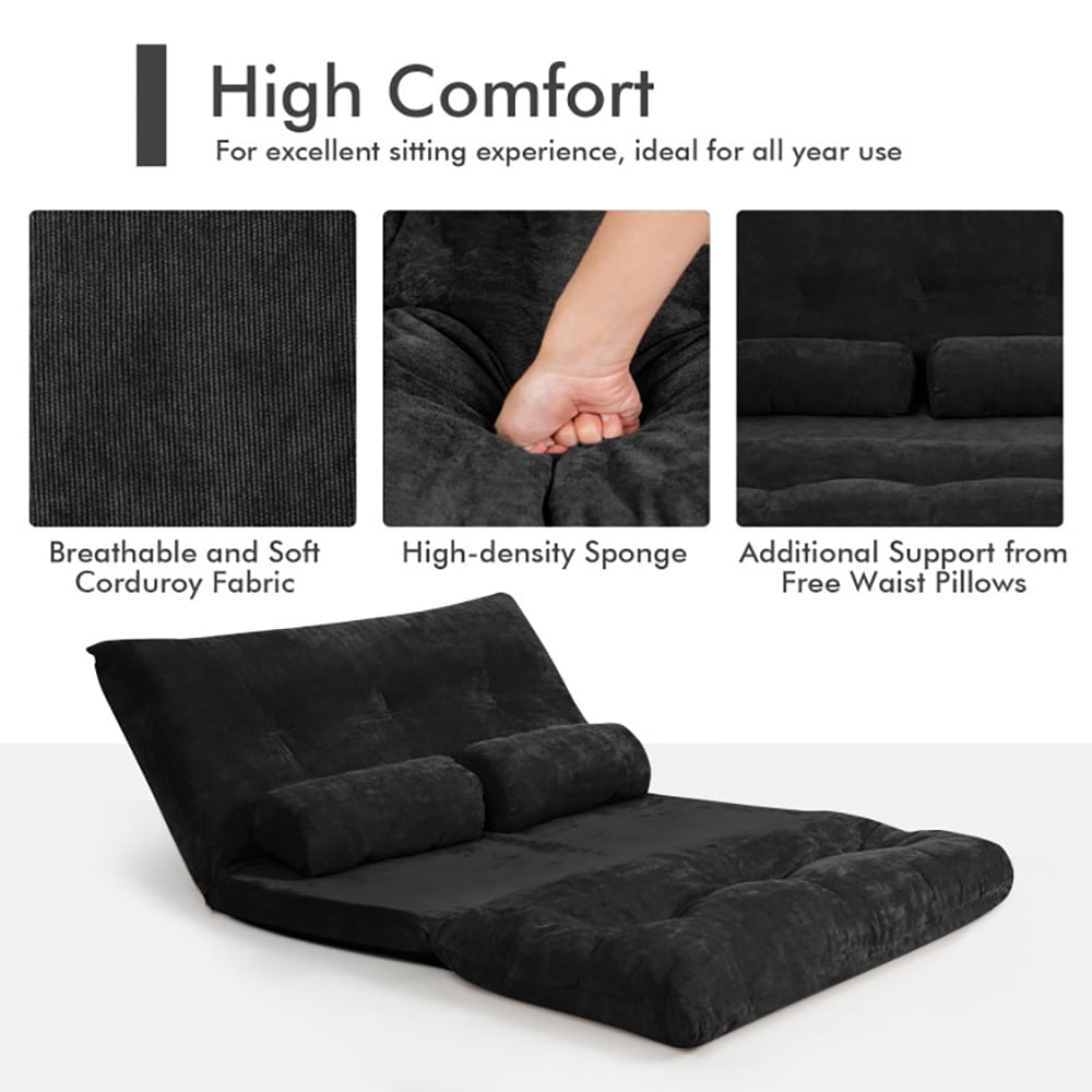 Hommoo Lounge Sofa, Modern Couch, 6-Position Adjustable Sleeper Lounge Couch with 2 Pillows-Black Image 2