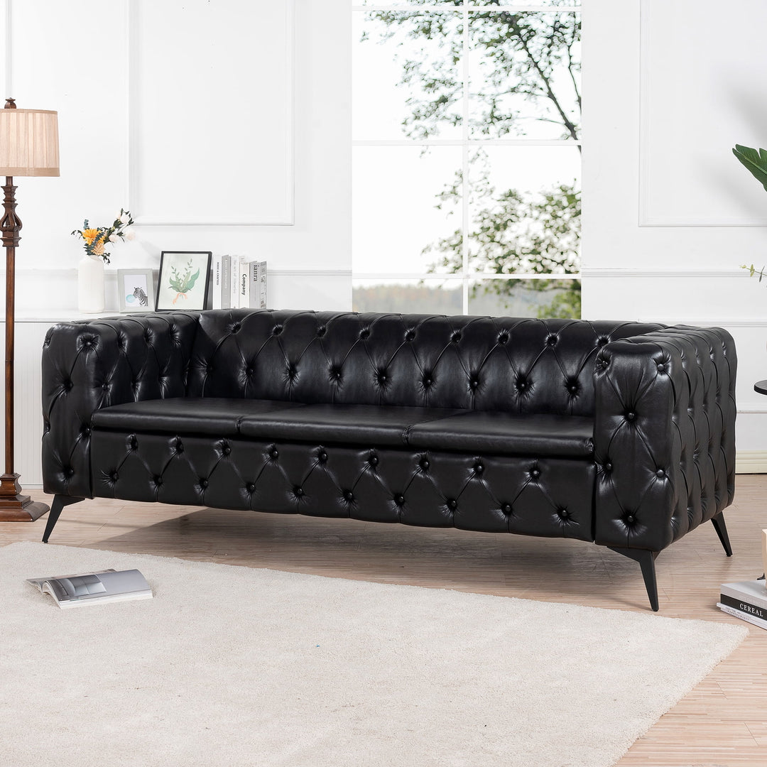 Hommoo 84" Width Traditional PU Leather Sofa Couch with Tufted Back and Square Arm for Apartment Peacock Black Image 1