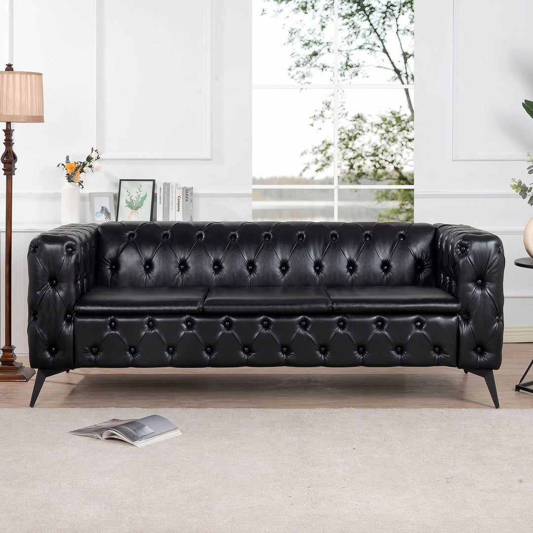 Hommoo 84" Width Traditional PU Leather Sofa Couch with Tufted Back and Square Arm for Apartment Peacock Black Image 2