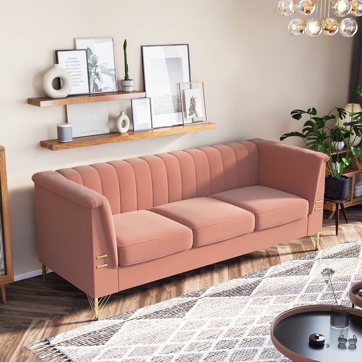 Hommoo Mid-Century Modern Tufted Velvet Couch Extra-Deep Down-Filled Chesterfield Sofa in Pink Image 1