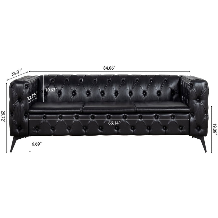 Hommoo 84" Width Traditional PU Leather Sofa Couch with Tufted Back and Square Arm for Apartment Peacock Black Image 4