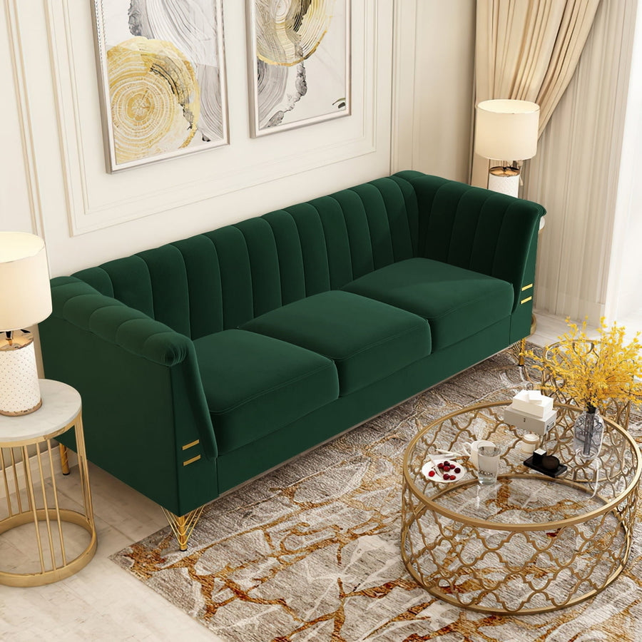 Hommoo Mid-Century Modern Tufted Velvet Couch Extra-Deep Down-Filled Sofa in Green Image 1