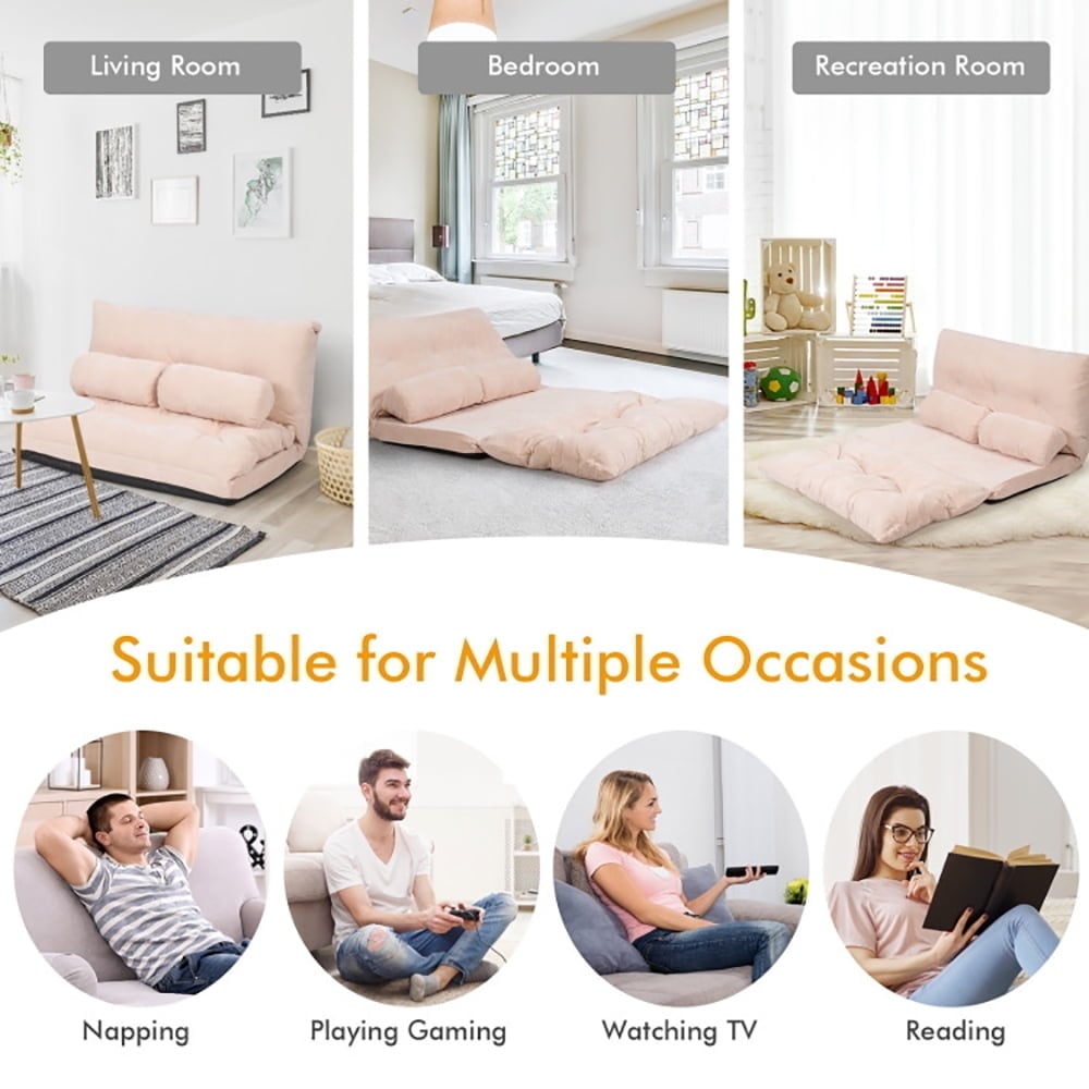 Hommoo Lounge Sofa, Modern Couch, 6-Position Adjustable Sleeper Lounge Couch with 2 Pillows-Beige Image 2