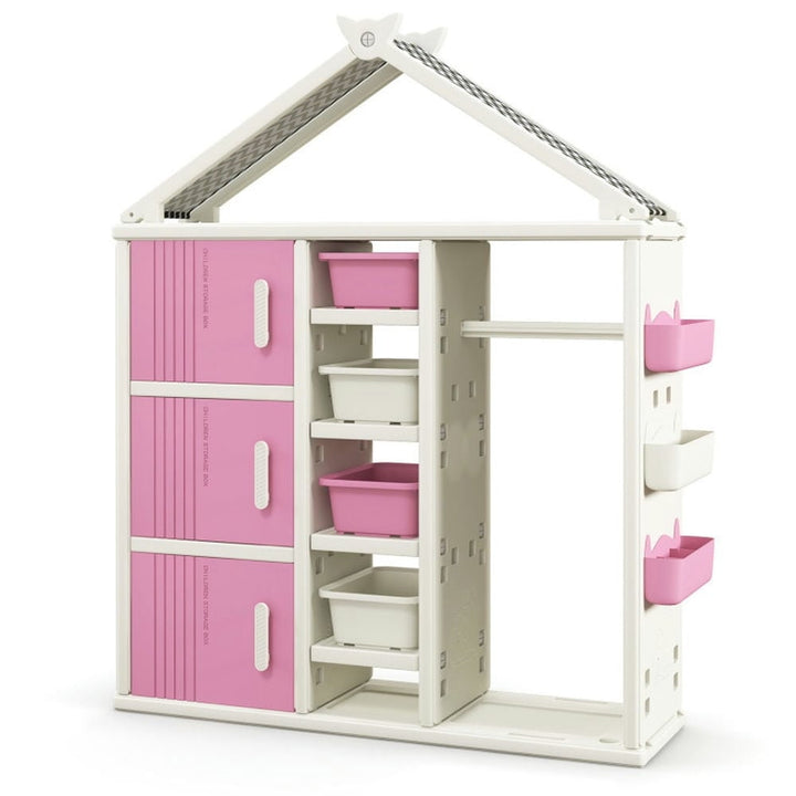 Hommoo Kids Costume Storage Closet with Storage Bins and Shelves and Side Baskets for Kids Room-Pink Image 1