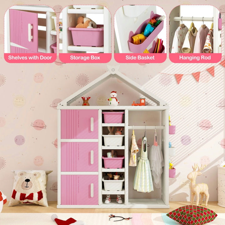 Hommoo Kids Costume Storage Closet with Storage Bins and Shelves and Side Baskets for Kids Room-Pink Image 4