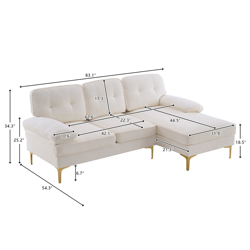 Hommoo Modern Upholstered Sofa Couch with Reversible Sofa Chaise, Chenille Fabric Sectional Sofa Set White Image 2