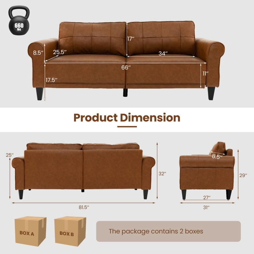 Hommoo PU Leather Modern 3-Seater Sofa Couch with 2 Detachable Back Pillows-Brown, Sectional Sofa Couch Living Room Image 4