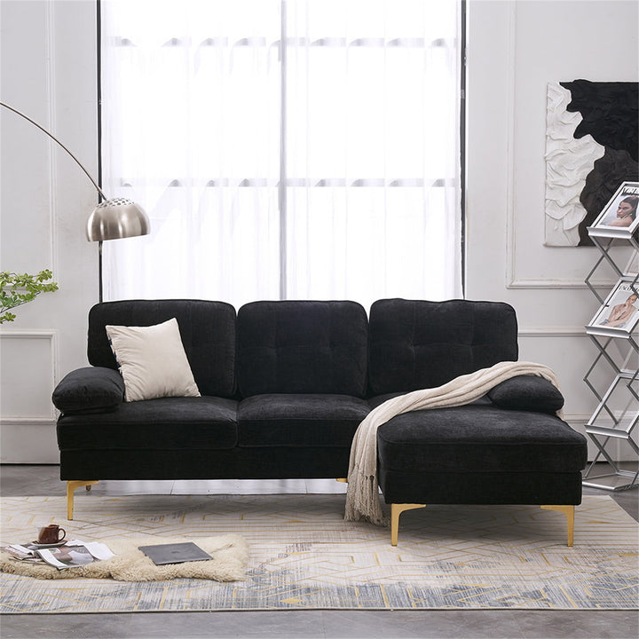 Hommoo Modern Upholstered Sofa Couch with Reversible Sofa Chaise, Chenille Fabric Sectional Sofa Set Black Image 1