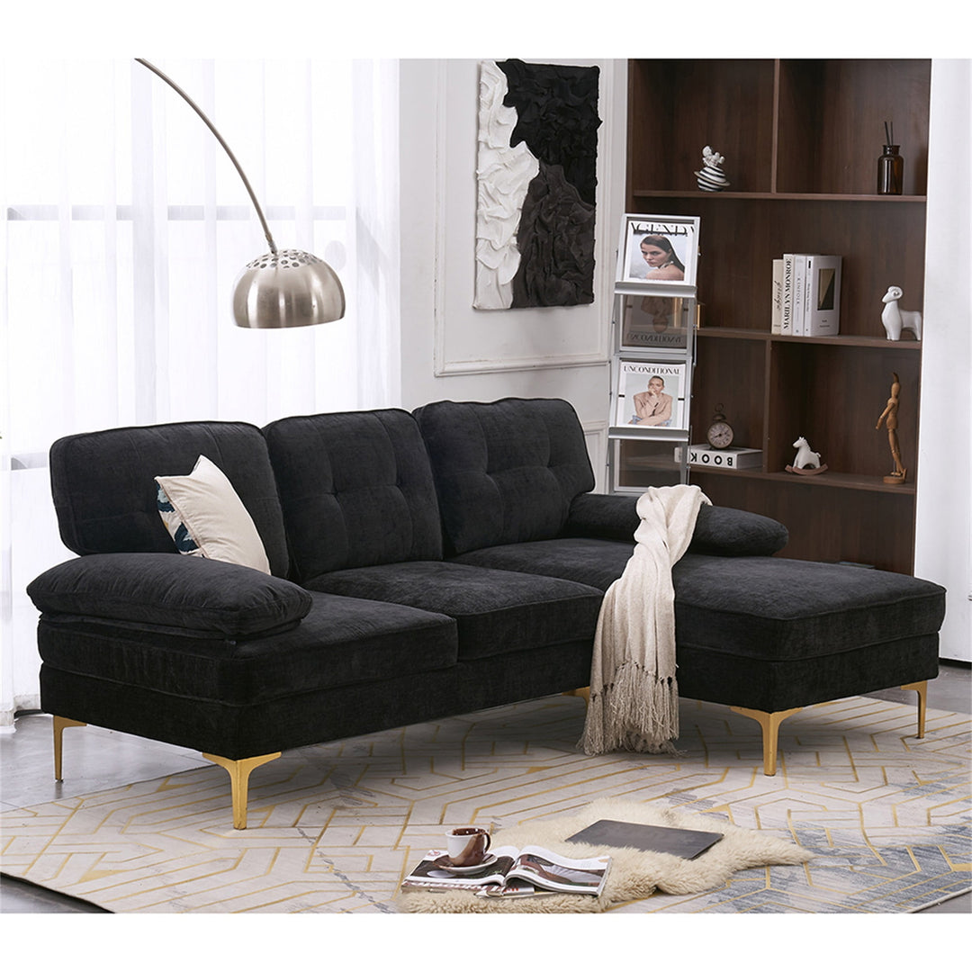 Hommoo Modern Upholstered Sofa Couch with Reversible Sofa Chaise, Chenille Fabric Sectional Sofa Set Black Image 2