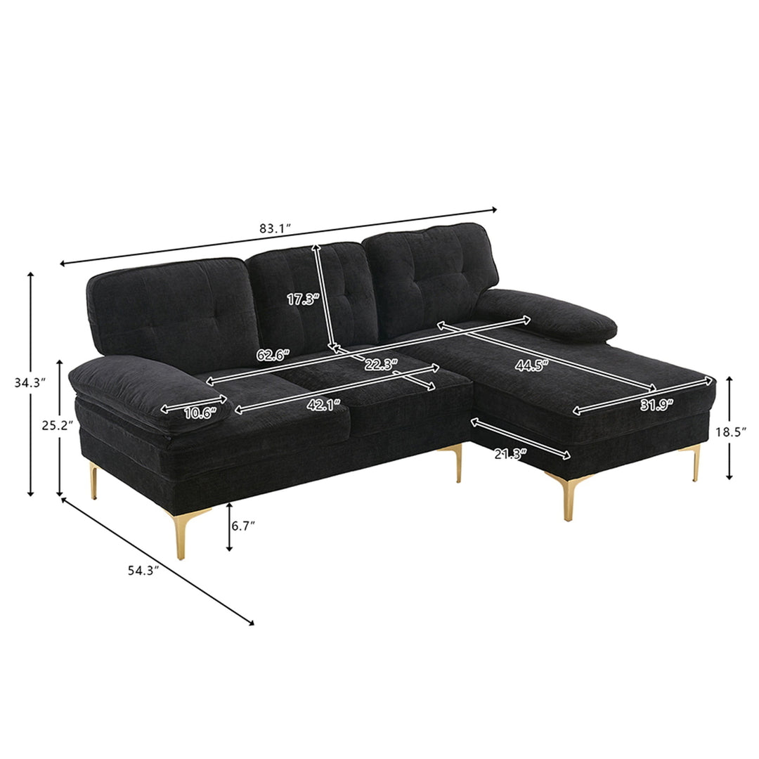 Hommoo Modern Upholstered Sofa Couch with Reversible Sofa Chaise, Chenille Fabric Sectional Sofa Set Black Image 6