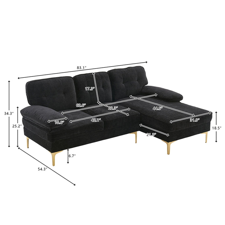 Hommoo Modern Upholstered Sofa Couch with Reversible Sofa Chaise, Chenille Fabric Sectional Sofa Set Black Image 6