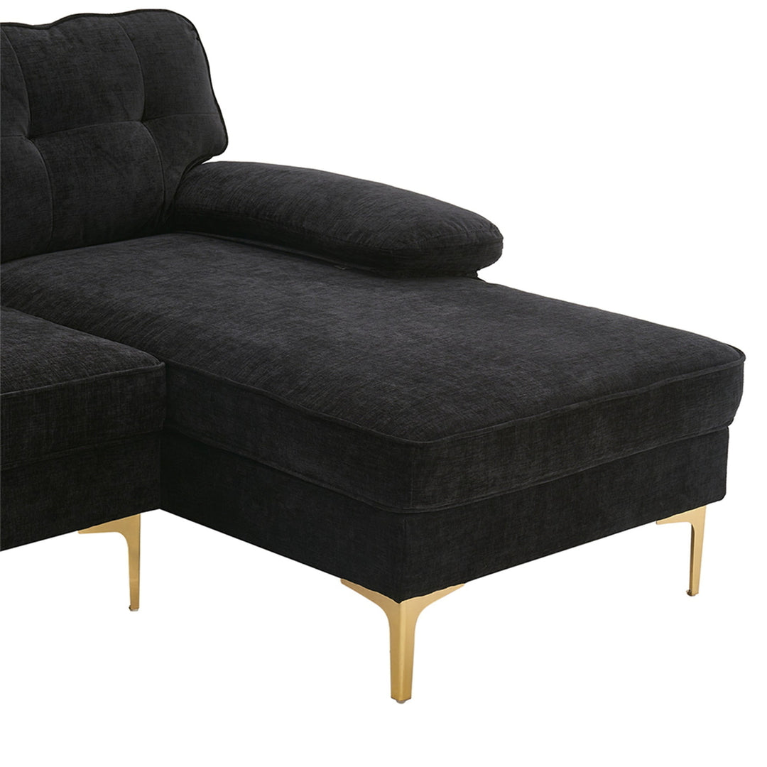 Hommoo Modern Upholstered Sofa Couch with Reversible Sofa Chaise, Chenille Fabric Sectional Sofa Set Black Image 7