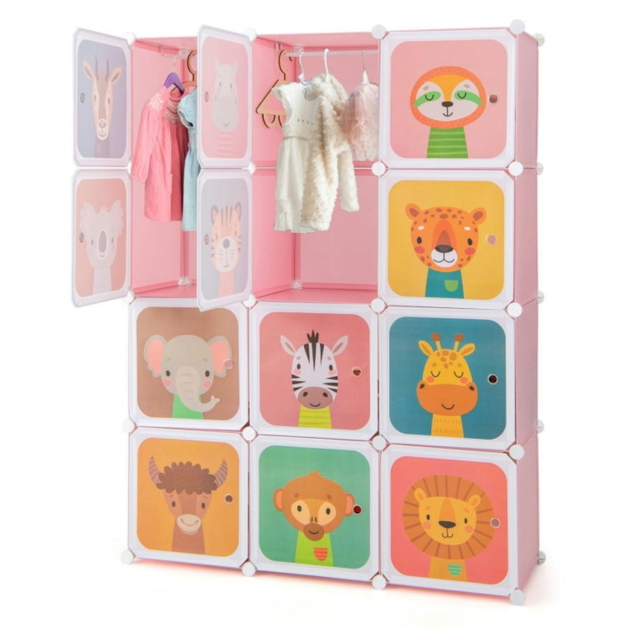 Hommoo 12 Cube Kids Wardrobe Closet with Hanging Section and Doors-Pink, Kids Toy Storage for Kids, Boys, Girls, Nursery Image 1