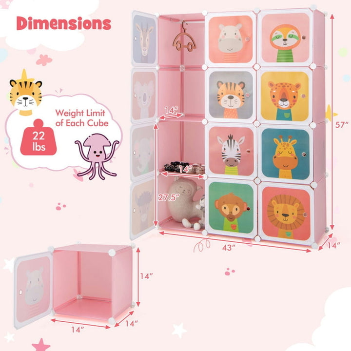 Hommoo 12 Cube Kids Wardrobe Closet with Hanging Section and Doors-Pink, Kids Toy Storage for Kids, Boys, Girls, Nursery Image 5