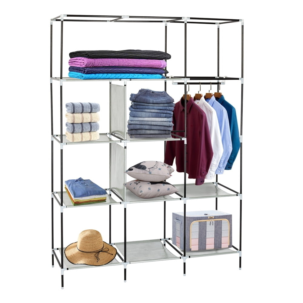 Hommoo 69" Portable Closet Storage Organizer Wardrobe Clothes Rack with Shelves, Gray Image 2