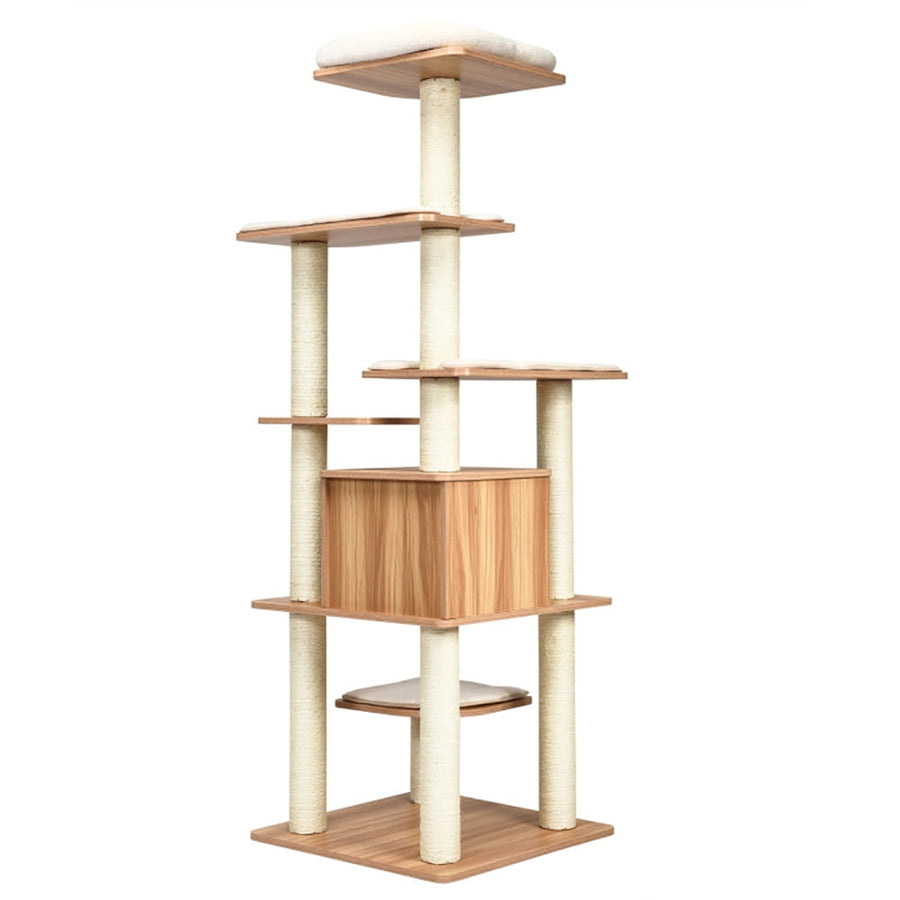 Hommoo Cat Tower, Cat Tree for Indoor Cats, 7-Layer Wooden Cat Tree Tall Cat Tower with Sisal Posts and Condo-Natural Image 1