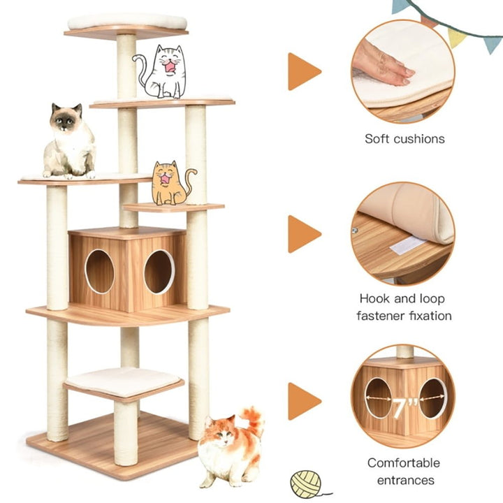 Hommoo Cat Tower, Cat Tree for Indoor Cats, 7-Layer Wooden Cat Tree Tall Cat Tower with Sisal Posts and Condo-Natural Image 2