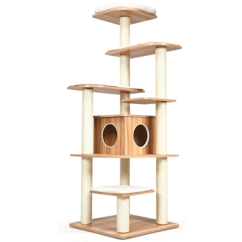 Hommoo Cat Tower, Cat Tree for Indoor Cats, 7-Layer Wooden Cat Tree Tall Cat Tower with Sisal Posts and Condo-Natural Image 4