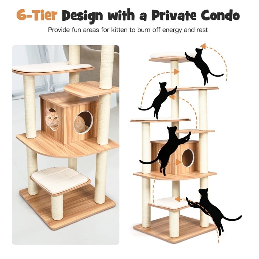 Hommoo Cat Tower, Cat Tree for Indoor Cats, 7-Layer Wooden Cat Tree Tall Cat Tower with Sisal Posts and Condo-Natural Image 5