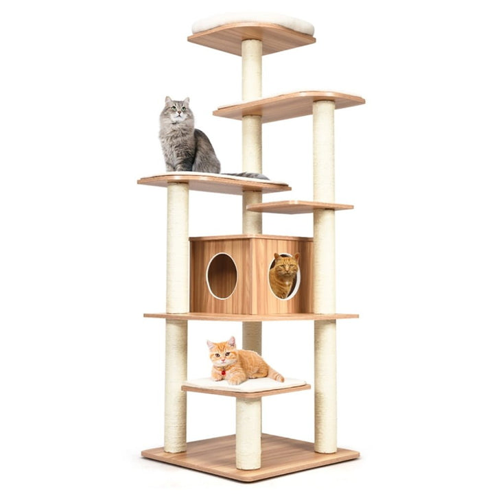 Hommoo Cat Tower, Cat Tree for Indoor Cats, 7-Layer Wooden Cat Tree Tall Cat Tower with Sisal Posts and Condo-Natural Image 6