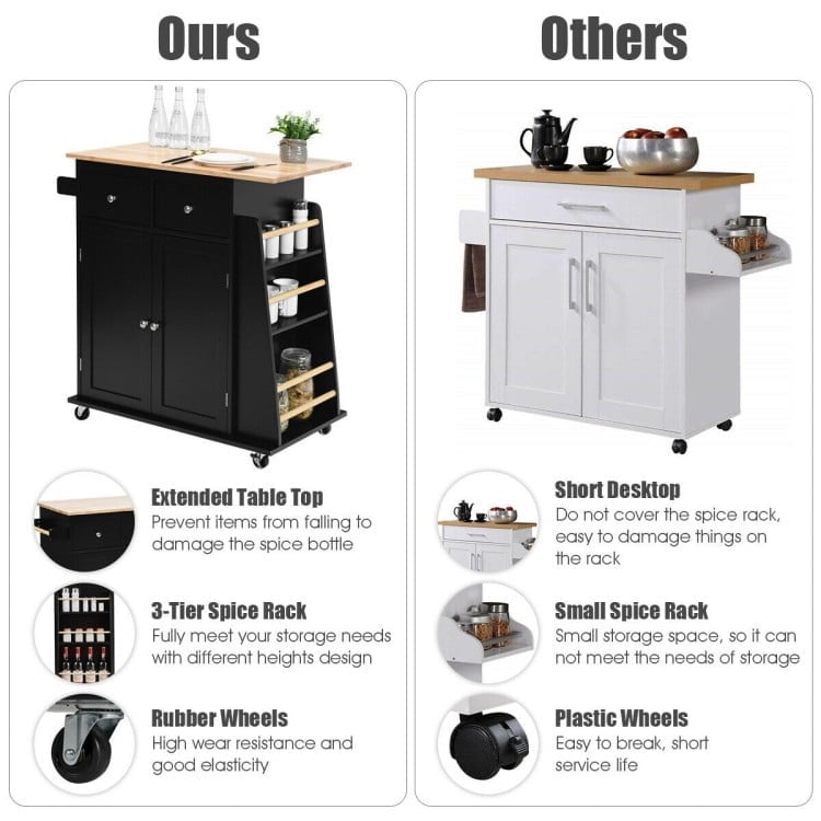 Hommoo Rubber Wood Countertop Rolling Kitchen Island Cart-Black, Kitchen Island, Island Table for Kitchen,Dinning Room Image 3