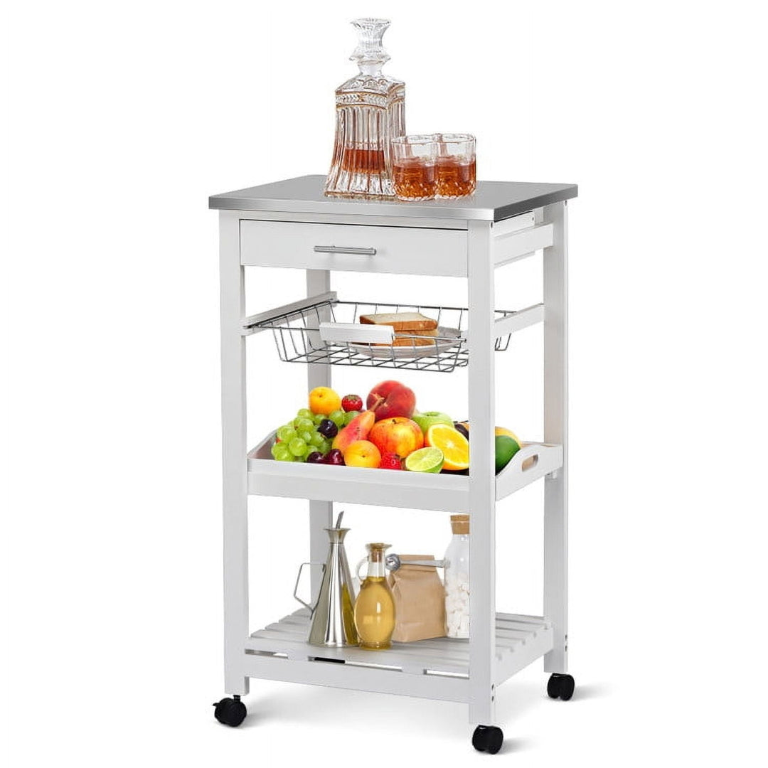 Hommoo Kitchen Island Cart with Stainless Steel Tabletop and Basket-White, Kitchen Island, Island Table for Image 1