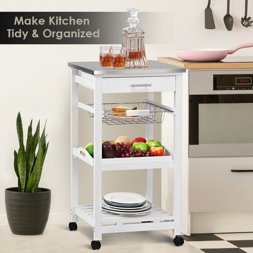 Hommoo Kitchen Island Cart with Stainless Steel Tabletop and Basket-White, Kitchen Island, Island Table for Image 2