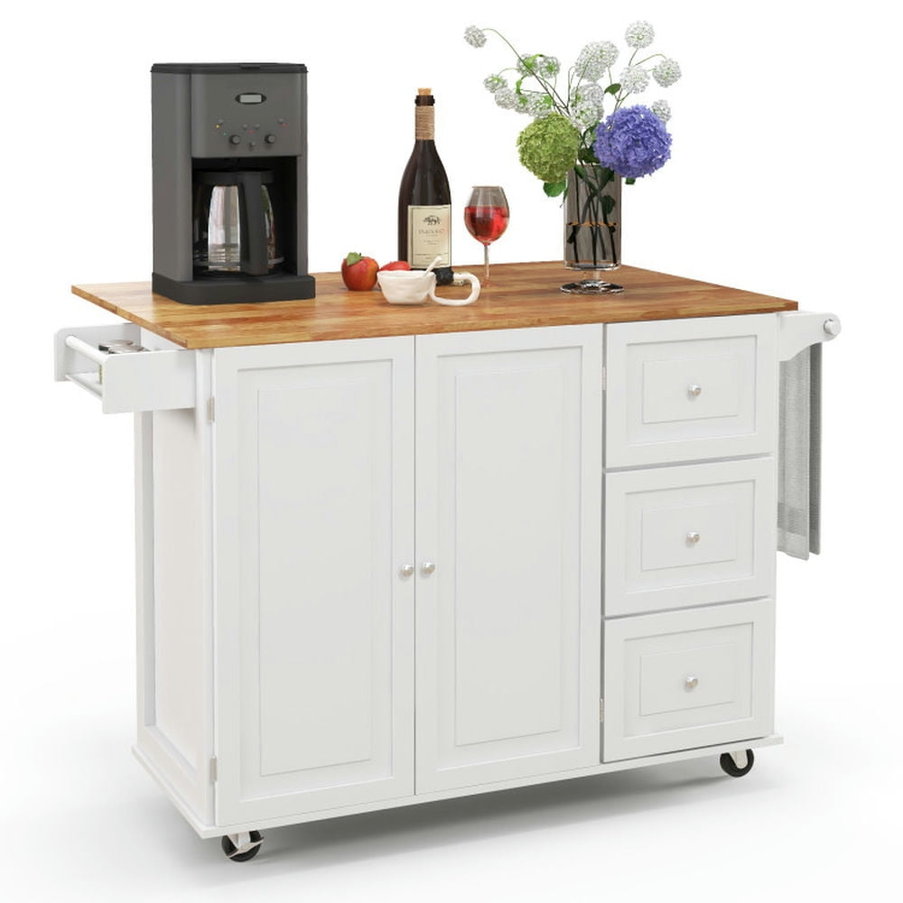 Hommoo Kitchen Island Trolley Cart Wood with Drop-Leaf Tabletop and Storage Cabinet-White, Island Table for Image 2