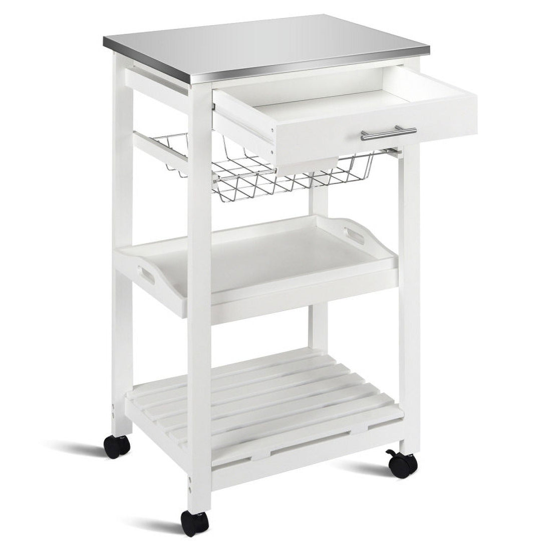 Hommoo Kitchen Island Cart with Stainless Steel Tabletop and Basket-White, Kitchen Island, Island Table for Image 6