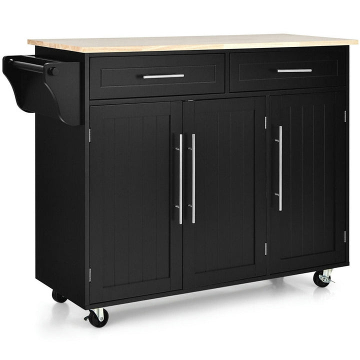 Hommoo Kitchen Island Trolley Wood Top Rolling Storage Cabinet Cart with Knife Block-Black Image 1