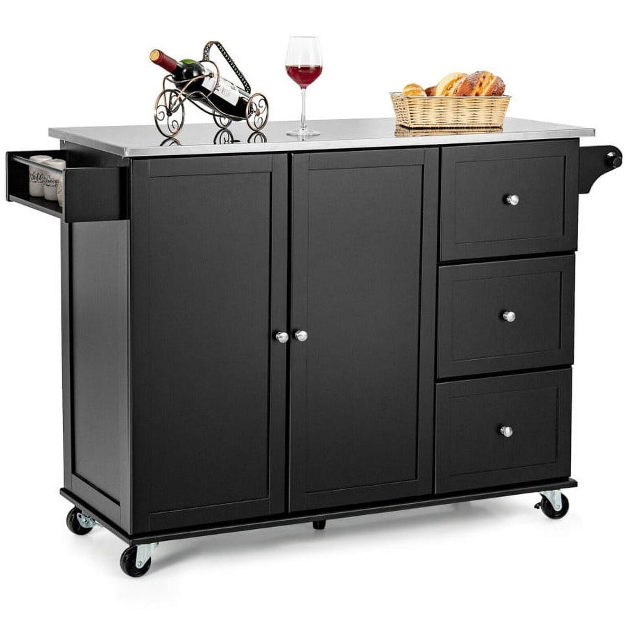 Hommoo Kitchen Island 2-Door Storage Cabinet with Drawers and Stainless Steel Top-Black, Island Table for Image 1