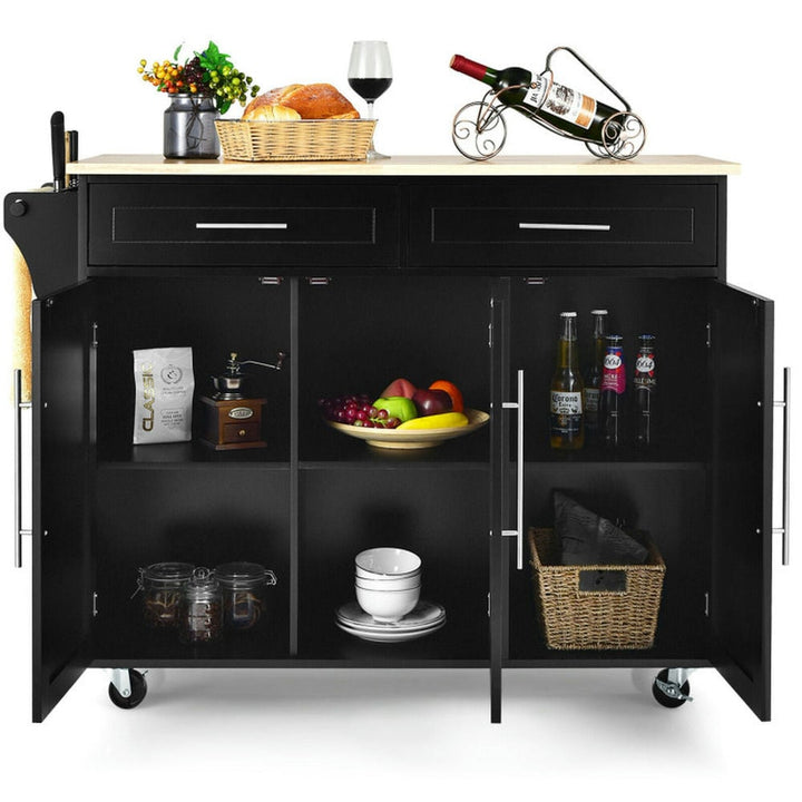 Hommoo Kitchen Island Trolley Wood Top Rolling Storage Cabinet Cart with Knife Block-Black Image 2