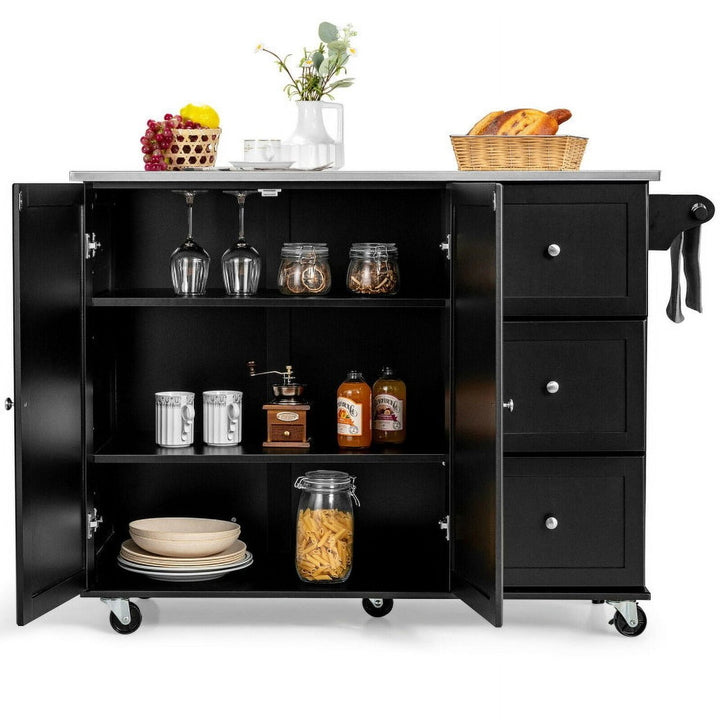 Hommoo Kitchen Island 2-Door Storage Cabinet with Drawers and Stainless Steel Top-Black, Island Table for Image 4