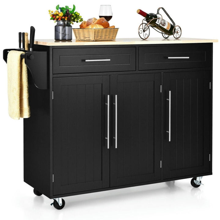 Hommoo Kitchen Island Trolley Wood Top Rolling Storage Cabinet Cart with Knife Block-Black Image 6