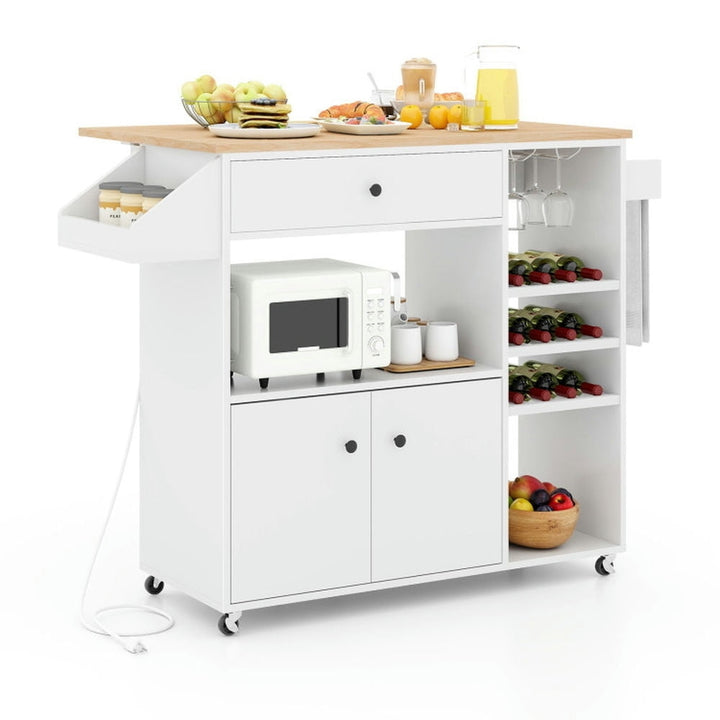 Hommoo Drop Leaf Mobile Kitchen Island Cart with Power Outlet and Adjustable Shelf-White, Island Table for Image 1